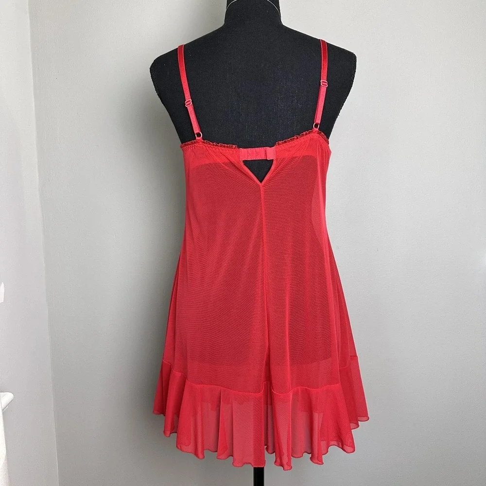 Sheer Babydoll Chemise‎ Womens Small Red Lingerie Slip Ruffle Mesh Underwire